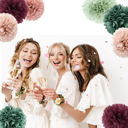 20-Piece Tissue Paper Pom Poms - Hanging Decorations Tissue Paper Flowers for Bridal Wedding Shower Bachelorette Birthday Engagement Party (Burgunday + Boho Green)