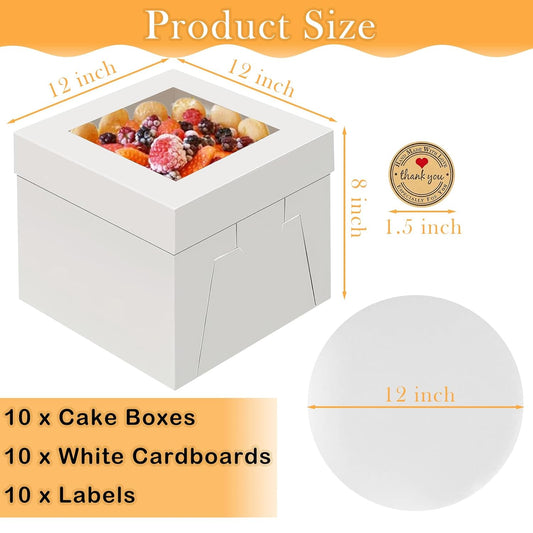 10 Pack Cake Boxes, 12 x 12 x 8 Inches Tall Cake Boxes with Window, Disposable White Cardboard Bakery Boxes Large Baking Boxes for Cake Decorating Supplies, Cookies, Pies, Cupcakes