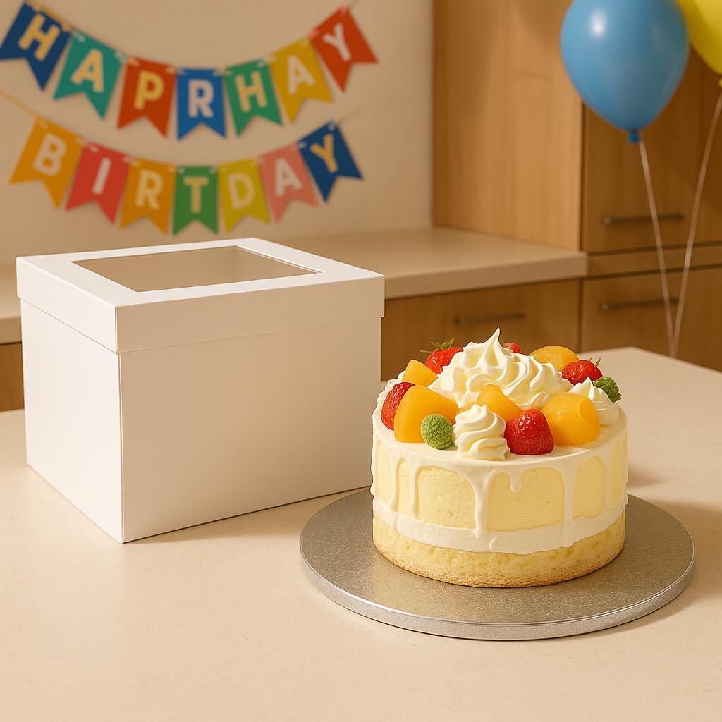 12 inches White Cake Box with Cake Board, 1/2 inch Thick Silver Cake Drum Set, Square Bakery Box with Window Lid and Cake Board Combo, Disposable Container for Bakery (12x12x8“)