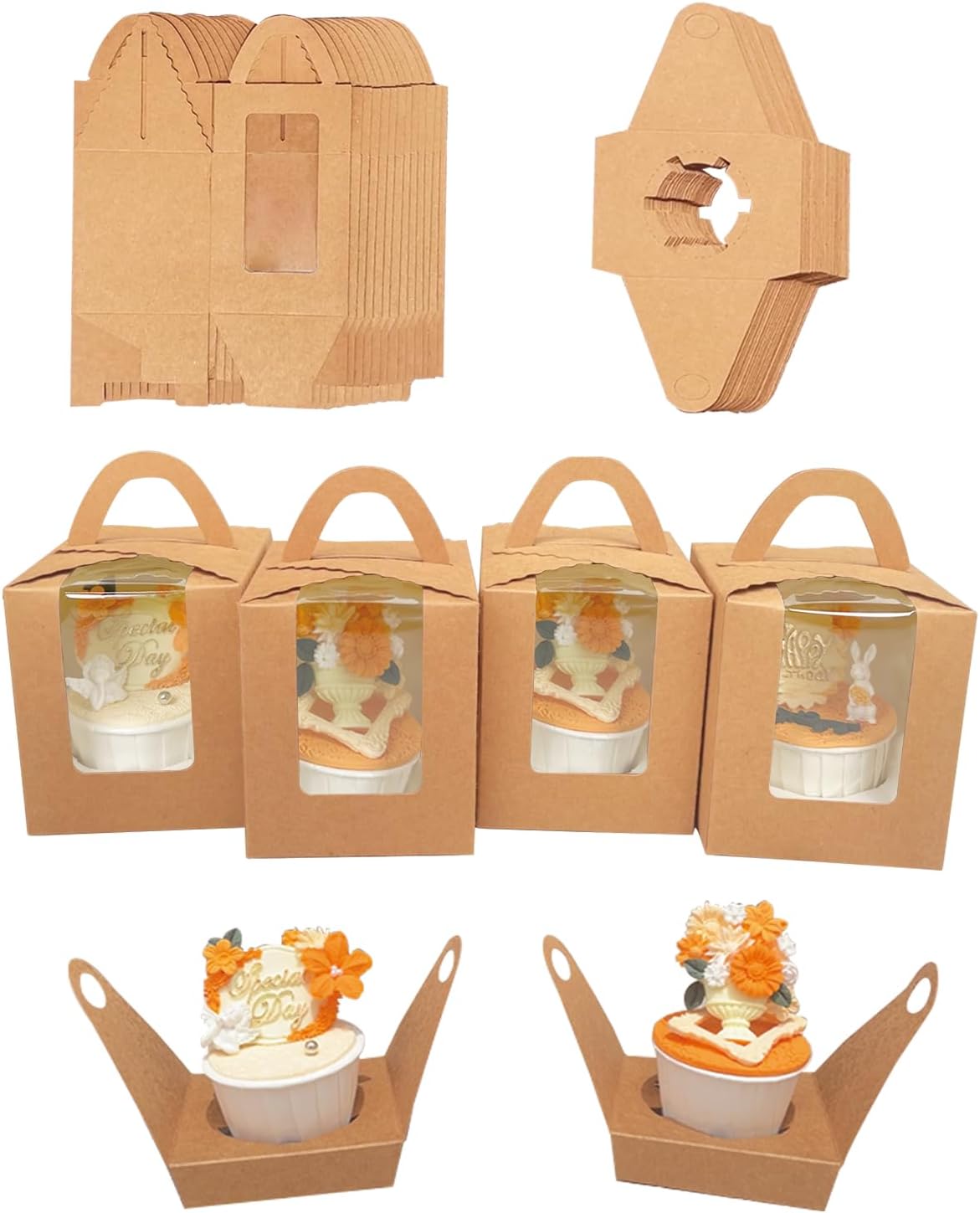 Bakepacker Auto-pop up Individual Cupcake Boxes with Window 60 Count Brown Single Cupcakes Box 3.7 x 3.7 x 4.3inch Cupcake Carrier