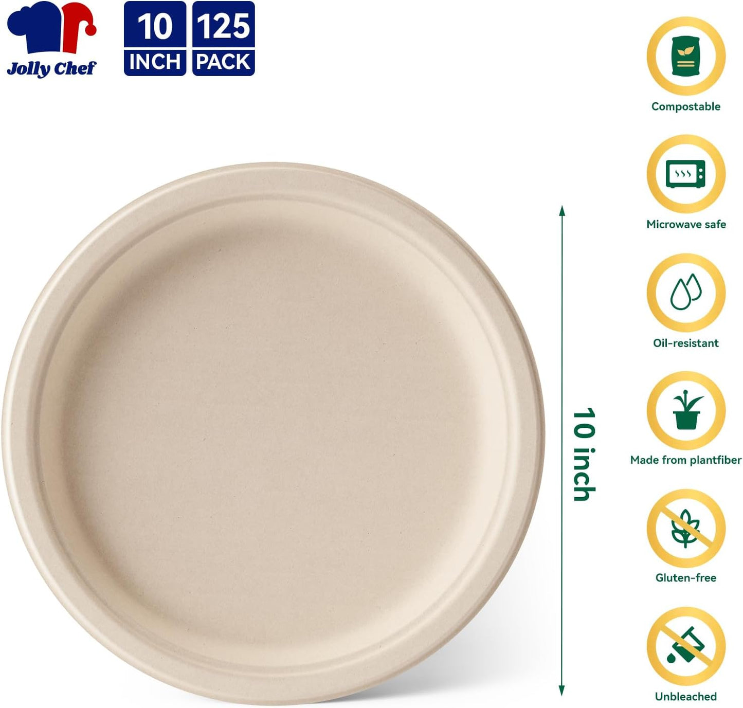JOLLY CHEF Compostable Heavy Duty Plates 𝟭𝟬 𝗜𝗻𝗰𝗵 [𝟯𝟬𝟬 𝗣𝗮𝗰𝗸] Eco-Friendly Disposable Paper Plates Made of Bagasse Biodegradable Bulk for Party Dinner Sugarcane Thanksgiving Day (Natural)