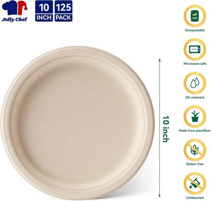 JOLLY CHEF Compostable Heavy Duty Plates 𝟭𝟬 𝗜𝗻𝗰𝗵 [𝟯𝟬𝟬 𝗣𝗮𝗰𝗸] Eco-Friendly Disposable Paper Plates Made of Bagasse Biodegradable Bulk for Party Dinner Sugarcane Thanksgiving Day (Natural)