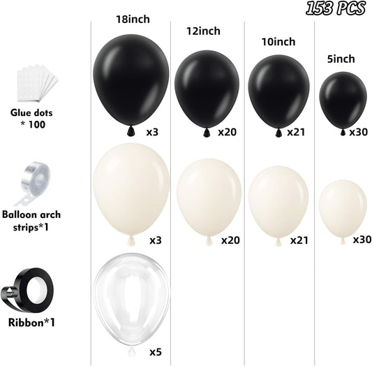 153Pcs Black and Silver White Balloon Garland Arch Kit with Stars, 22 18 12 10 5 inch Disco Ball Balloons Black White Metallic Silver Confetti Balloon for Birthday Graduation Party Decorations