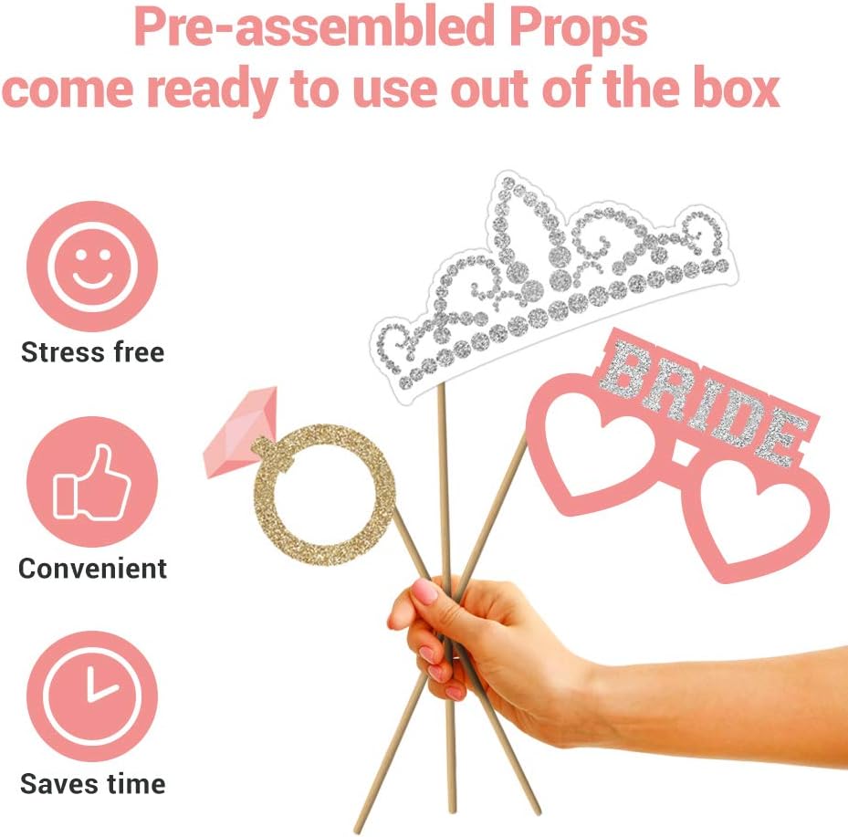 Fully Assembled Wedding Photo Booth Props - Set of 40 - Gold, Pink, Teal, & Silver Selfie Signs - Wedding Party Supplies & Decorations - Cute Designs with Real Glitter - Did We Mention No DIY