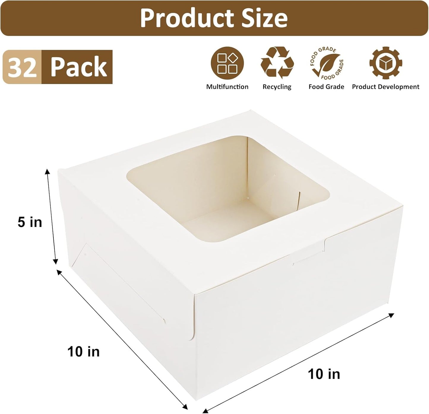 Moretoes 24pcs Cake Boxes, 10x10x5 Inches White Square Bakery Boxes with Window Cajas Pasteles for Cake, Mother's Day, Pastries, Chocolates, Cookies, Pie, Birthday Party, Wedding, Graduation