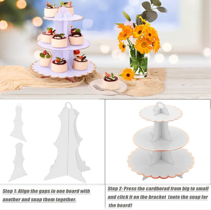 MRPAPA Pink Cardboard Cupcake Stand,2PCS Cup Cake Holder Thick Paper Dessert Tray, 3-Tier Round Serving Tray Perfect for Baby Girls Pink and Gold Birthday Baby Shower Party Supplies
