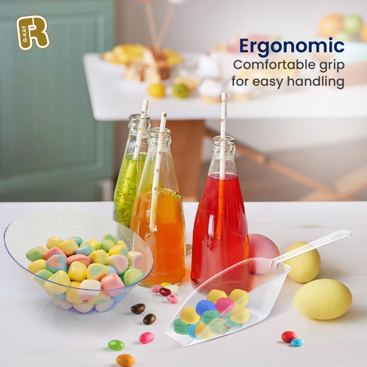 R-kay 36 Pcs Candy Bowls And Plastic Scoops Set - 18 Clear Small Plastic Bowls 6 Oz, 9 Plastic Scoops And 9 Small Tongs Buffet Containers Set Heavy Duty