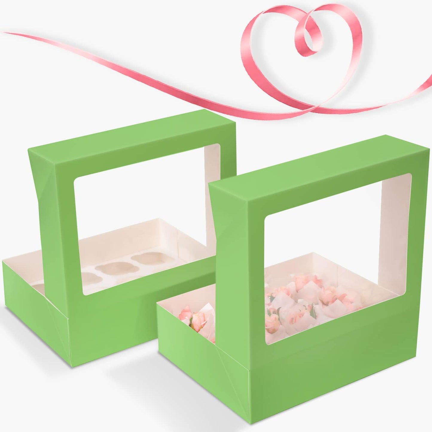 Bakepacker Auto-pop Up Cupcake Boxes with Window White 20PCS 12 Count Cupcake Box 13"x10"x3.5" Cupcakes Carrier, 12 Cupcake Containers with rolls of pink ribbons
