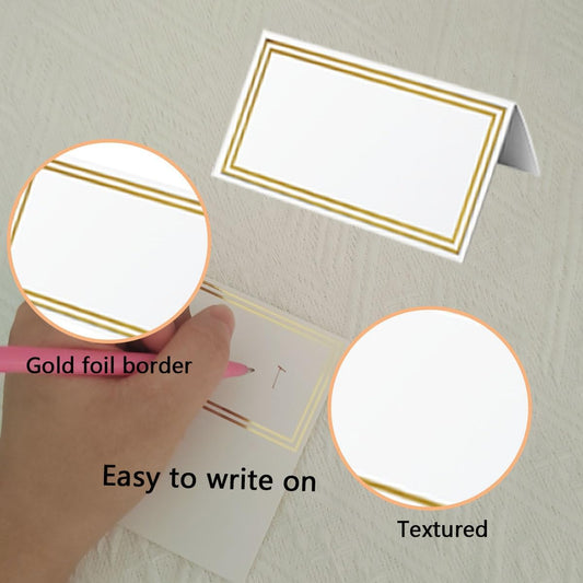50-Pack 3.94x3.54 Inch Gold Foil Border Place Cards, Small Tent Table Name Cards for Weddings, Dinner Parties, Banquets, Bridal Showers, Showers, Escort Cards, Seating Chart Supplies