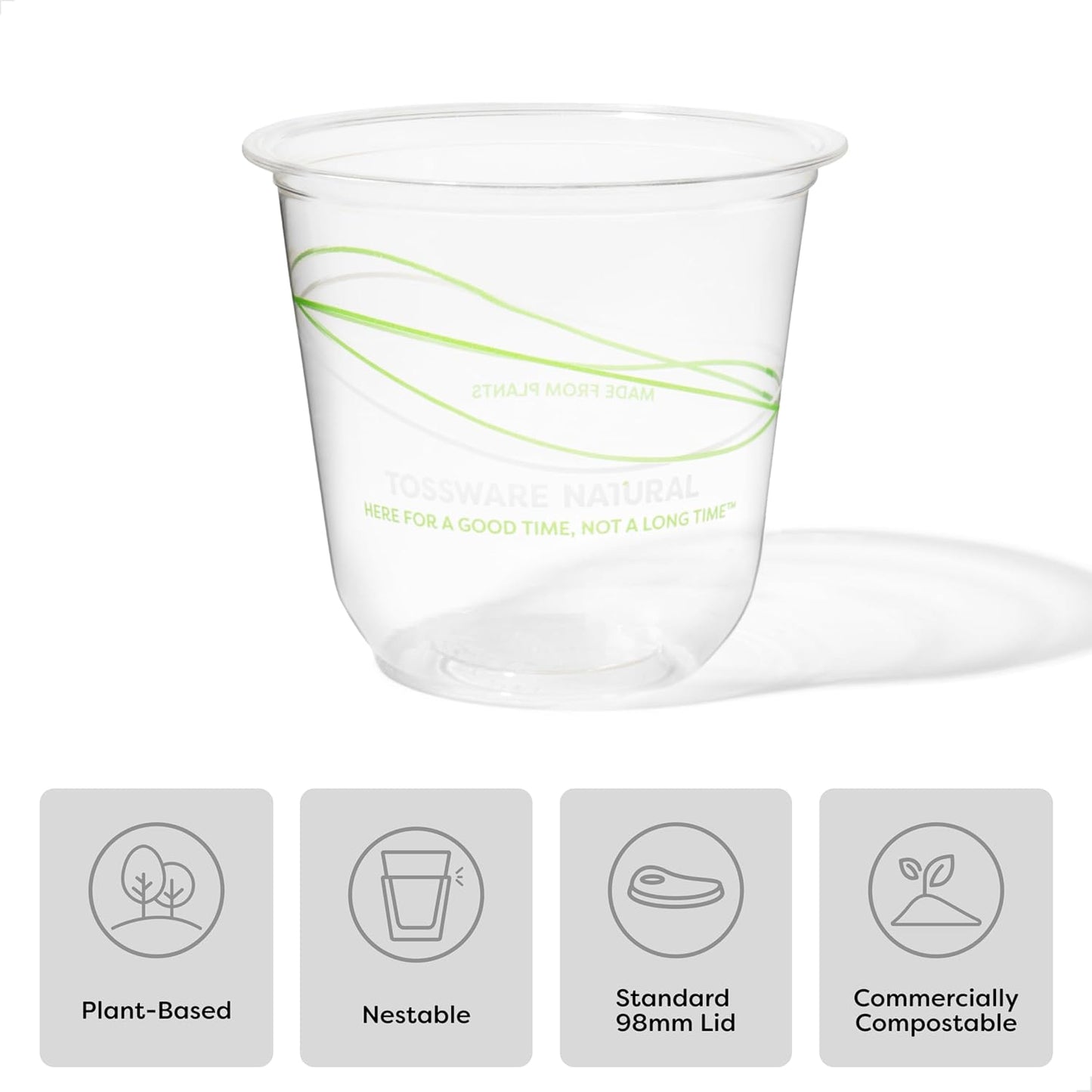 TOSSWARE NATURAL 12oz Arc - Plant Based 98mm Clear Cold Cups - Plastic Alternative for Parties, Bachelorettes, Weddings - Recyclable - Set of 100