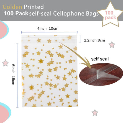100 Pcs Star Printed 5"X 7" Gift Wrap Cello Cellophane Treat Bags Party Favor bags Clear Candy Cookie Bag Plastic Poly Goodie Storage Bag with Twist Ties for Bakery,Birthday, Wedding ,Party Decorations (Gold)