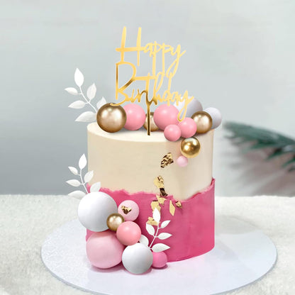 Khaki Balls Cake Topper Boho Grass Cake topper Khaki White Gold Pearl Balls Happy Birthday Cake Decorations for Wedding Birthday Boho Themed Supplies (Khaki)