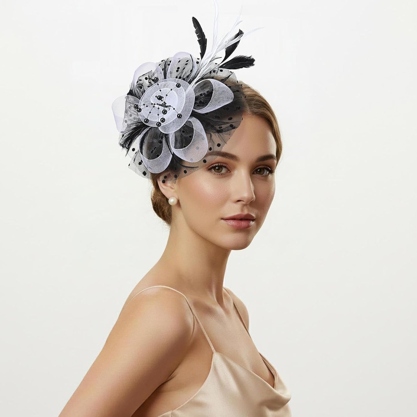 DRESHOW Fascinators Hat Flower Mesh Ribbons Feathers on a Headband and a Clip Tea Party Headwear for Girls and Women - Colors B