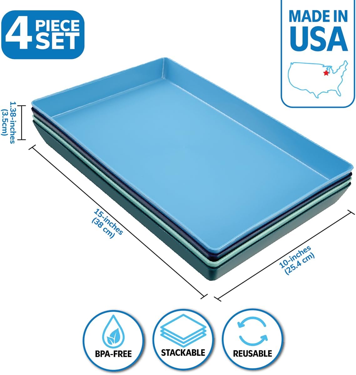 US Acrylic White Plastic Serving Trays (Set of 4) 15” x 10” | Large Unbreakable Reusable Rectangular Party Platters | Serve Appetizers, Fruit, Veggies, & Desserts | BPA-Free & Made in USA