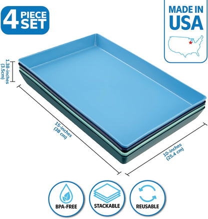 US Acrylic White Plastic Serving Trays (Set of 4) 15” x 10” | Large Unbreakable Reusable Rectangular Party Platters | Serve Appetizers, Fruit, Veggies, & Desserts | BPA-Free & Made in USA