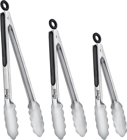 Hotec Stainless Steel Kitchen Tongs, Set of 2-9", Locking Metal Food Tongs for Cooking, Serving, BBQ, Grill Non-Slip Grip