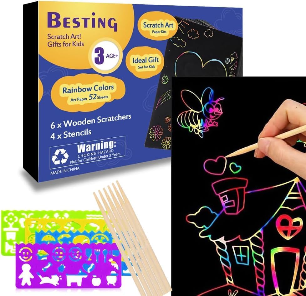 Scratch Paper Art Crafts 7.5” x 5.5” 52 Pieces Rainbow Color Scratch Off Paper Book Ideal for Birthday Christmas Party Gift Help Focus Practice Hands (SP139)