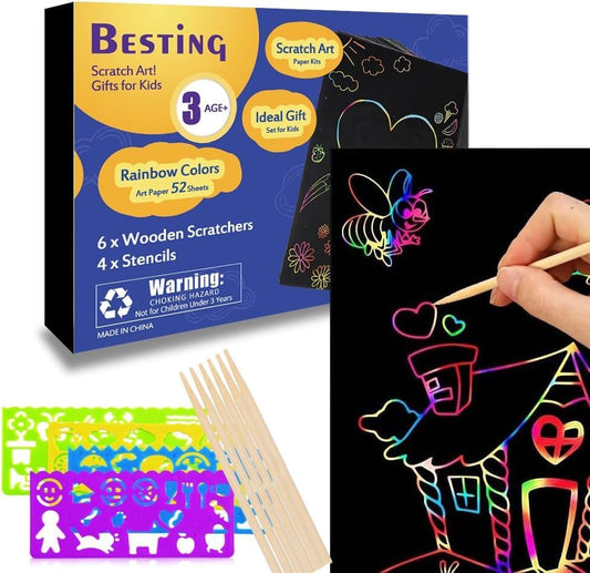 Scratch Paper Art Crafts 7.5” x 5.5” 52 Pieces Rainbow Color Scratch Off Paper Book Ideal for Birthday Christmas Party Gift Help Focus Practice Hands (SP139)