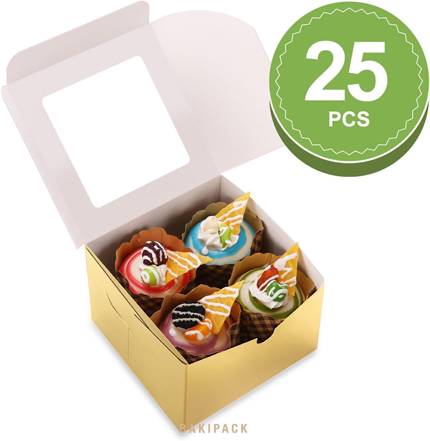 25 Gold Bakery Boxes with Window, 6x6x4 Inches Cake Boxes with Window, Treat Boxes for Small Bakery, Dessert, Candy, Cookies, Pastry, Party Favors, Wedding Cake