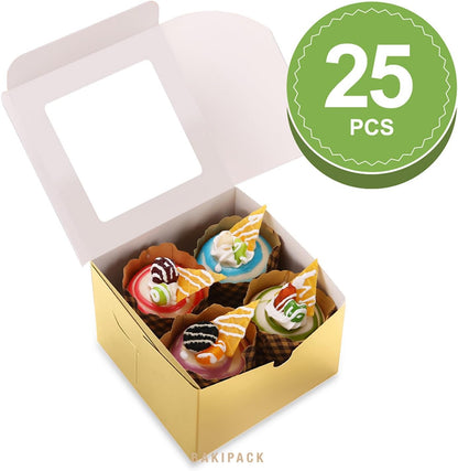 25 Gold Bakery Boxes with Window, 6x6x4 Inches Cake Boxes with Window, Treat Boxes for Small Bakery, Dessert, Candy, Cookies, Pastry, Party Favors, Wedding Cake