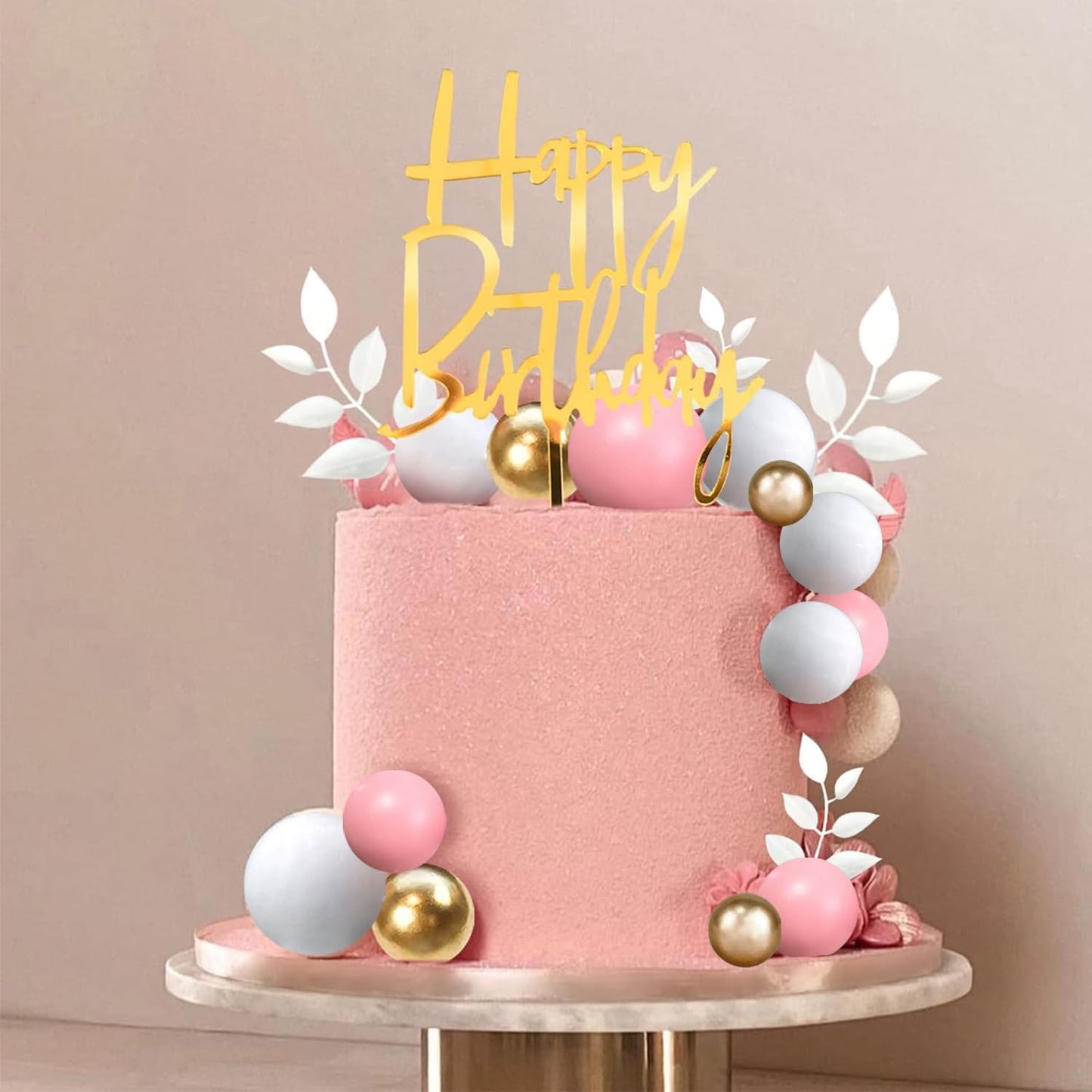 Khaki Balls Cake Topper Boho Grass Cake topper Khaki White Gold Pearl Balls Happy Birthday Cake Decorations for Wedding Birthday Boho Themed Supplies (Khaki)