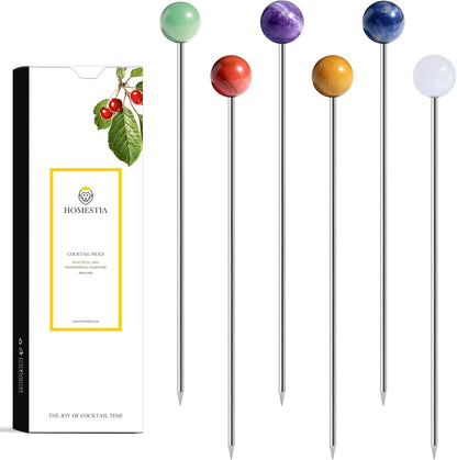 Homestia Stainless Steel Cocktail Picks, 4.7 Inch Reusable Martini Olive Picks, Metal Garnish Skewers for Drinks, Appetizers, Bloody Mary - Set of 6 Metal Cocktail Picks for Party Bar