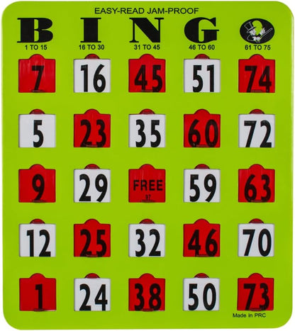 MR CHIPS Jam-Proof Easy-Read Large Print Fingertip Bingo Cards with Sliding Windows - Green 10 Pack - for Seniors, Nursing Homes & Large Groups