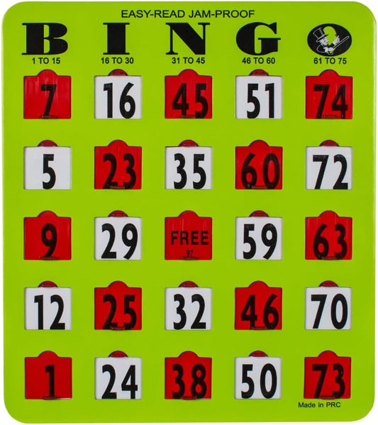 MR CHIPS Jam-Proof Easy-Read Large Print Fingertip Bingo Cards with Sliding Windows - Green 10 Pack - for Seniors, Nursing Homes & Large Groups