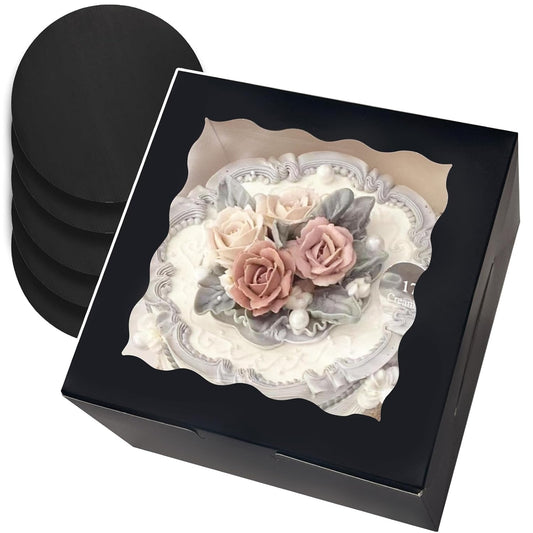 qiqee 12x12x6 Cake Box, 18 Sets Pink Cake Box with Window ＆ 18 Sets 8" Cake Round Boards, 8inch Cake Containers, 10 Meters Silk Ribbon