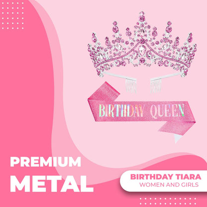 Birthday Tiara Crown with Sash for Women, Headband Hair Accessories for Wedding Party Costume