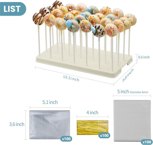 28 Holes Cake Pop Stand for Cake Pops, Lollipop Hold Stand, Cake Pop Display Holder, Candy Pop Holder with 100 Pcs Cake Pop Sticks, 100 Pcs Cake Pop Bags, 100 Pcs Gold Twist Ties(White)