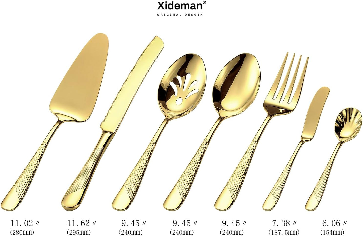 Xideman® 7-Piece Hammered 18/10 Stainless Steel Silverware Serving Utensil Set - Hostess Flatware with Cake Knife & Cake Server (Champagne Gold)