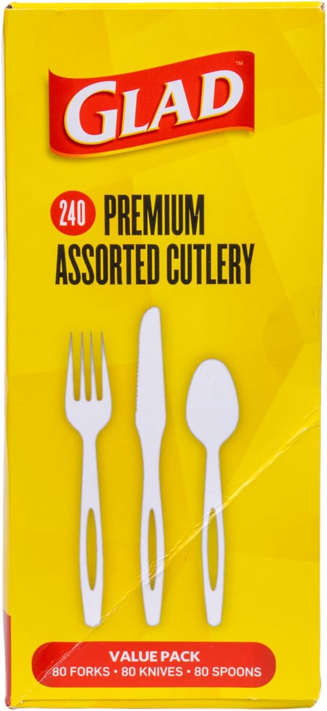 Glad Clear Disposable Cutlery Set with Heavy Duty Plastic Forks, Knives, and Spoons, Reusable Dishwasher Safe Plastic Utensils for Parties and Everyday Use, 240 Count