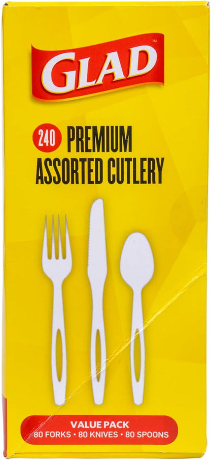 Glad Clear Disposable Cutlery Set with Heavy Duty Plastic Forks, Knives, and Spoons, Reusable Dishwasher Safe Plastic Utensils for Parties and Everyday Use, 240 Count