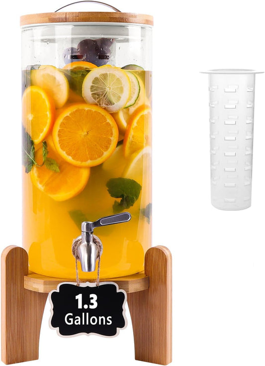 2 Gallon Drink Dispenser, Glass Beverage Dispenser with Wood Stand, Lemonade Dispenser with Airtight Valve and Stainless Steel Spigot Fruit Infuser, Thick Drink Dispenser for Parties Restaurants