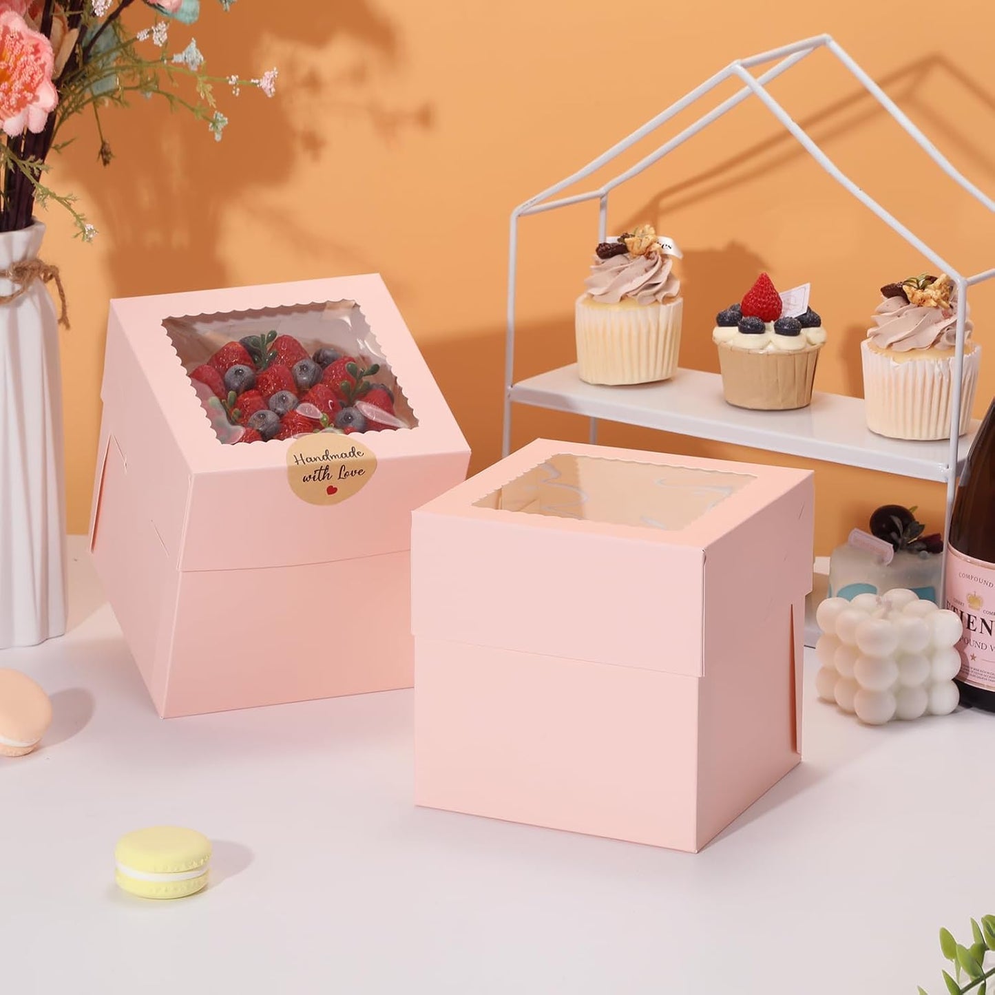 COTOPHER 4Pcs 6x6x6 Inches Mini Cake Boxes, Pink Square Bakery Boxes with Window, Small Cake Containers for Pastries, Cookies, Chocolates, Cupcakes, Birthday Party Cajas Pasteles