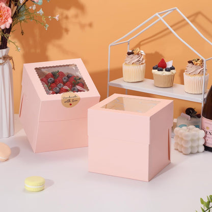 COTOPHER 4Pcs 6x6x6 Inches Mini Cake Boxes, Pink Square Bakery Boxes with Window, Small Cake Containers for Pastries, Cookies, Chocolates, Cupcakes, Birthday Party Cajas Pasteles