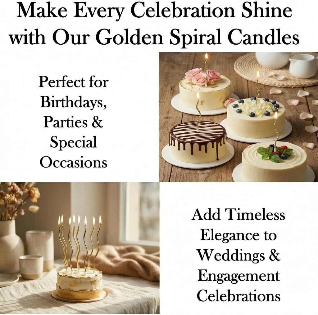 12-Count Spiral Birthday Candles, Long Twisty Gold Party Candles with Candle Holders, Long Burning for Weddings, Birthdays, Party Decorations, Cupcakes, Anniversary and Meetups (Gold)