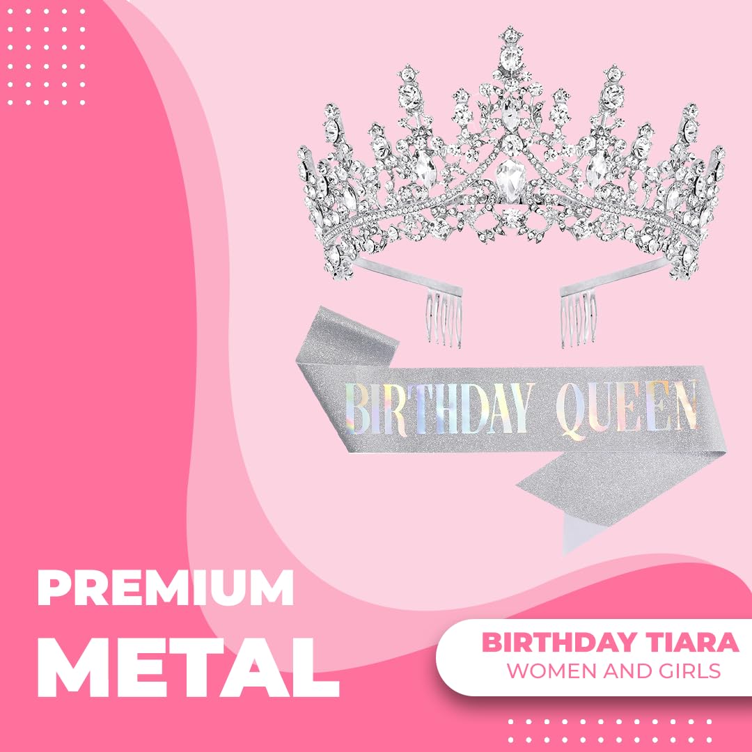 Birthday Tiara Crown with Sash for Women, Headband Hair Accessories for Wedding Party Costume