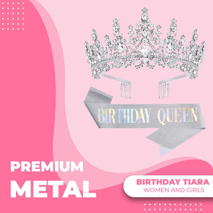Birthday Tiara Crown with Sash for Women, Headband Hair Accessories for Wedding Party Costume