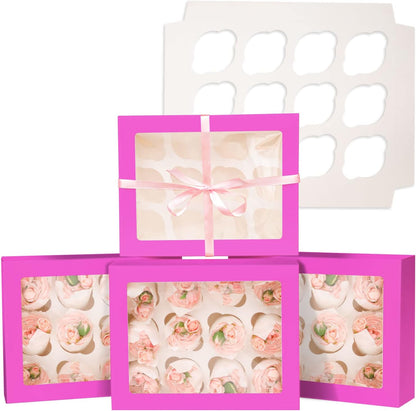 Bakepacker Auto-pop Up Cupcake Boxes with Window White 20PCS 12 Count Cupcake Box 13"x10"x3.5" Cupcakes Carrier, 12 Cupcake Containers with rolls of pink ribbons