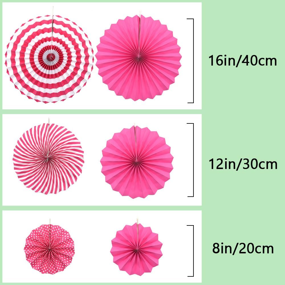 Hocansen 6PCS Paper Fan Garland Paper Fans Party Decorations 8/12/16in Hanging Papers Fans Set Round Papers Fans Pattern Garland for Birthday, Wedding (ZS/Pink)
