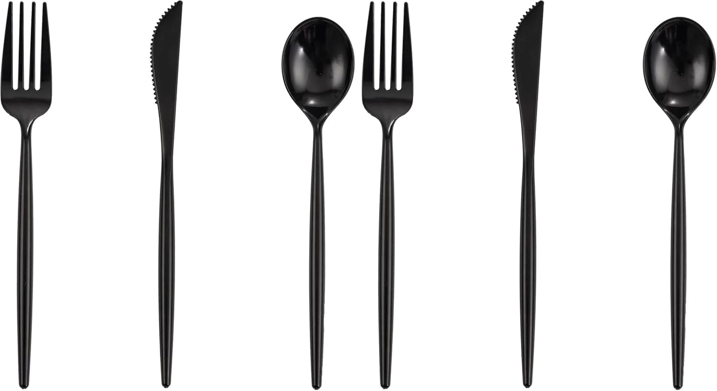 Supernal 180pcs Black Plastic Silverware Set - Heavy Duty Disposable Utensils (60 Forks, 60 Knives, 60 Spoons) - Elegant Black Cutlery for Parties, Weddings & BBQ