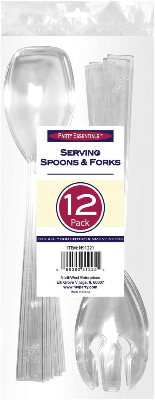 Party Essentials Hard Plastic 9-1/2" Two Piece Serving Utensil Set with Forks/Spoons, Clear, 6 Set-Count