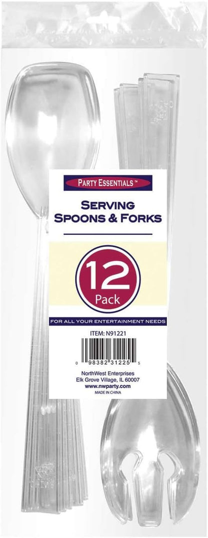 Party Essentials Hard Plastic 9-1/2" Two Piece Serving Utensil Set with Forks/Spoons, Clear, 6 Set-Count