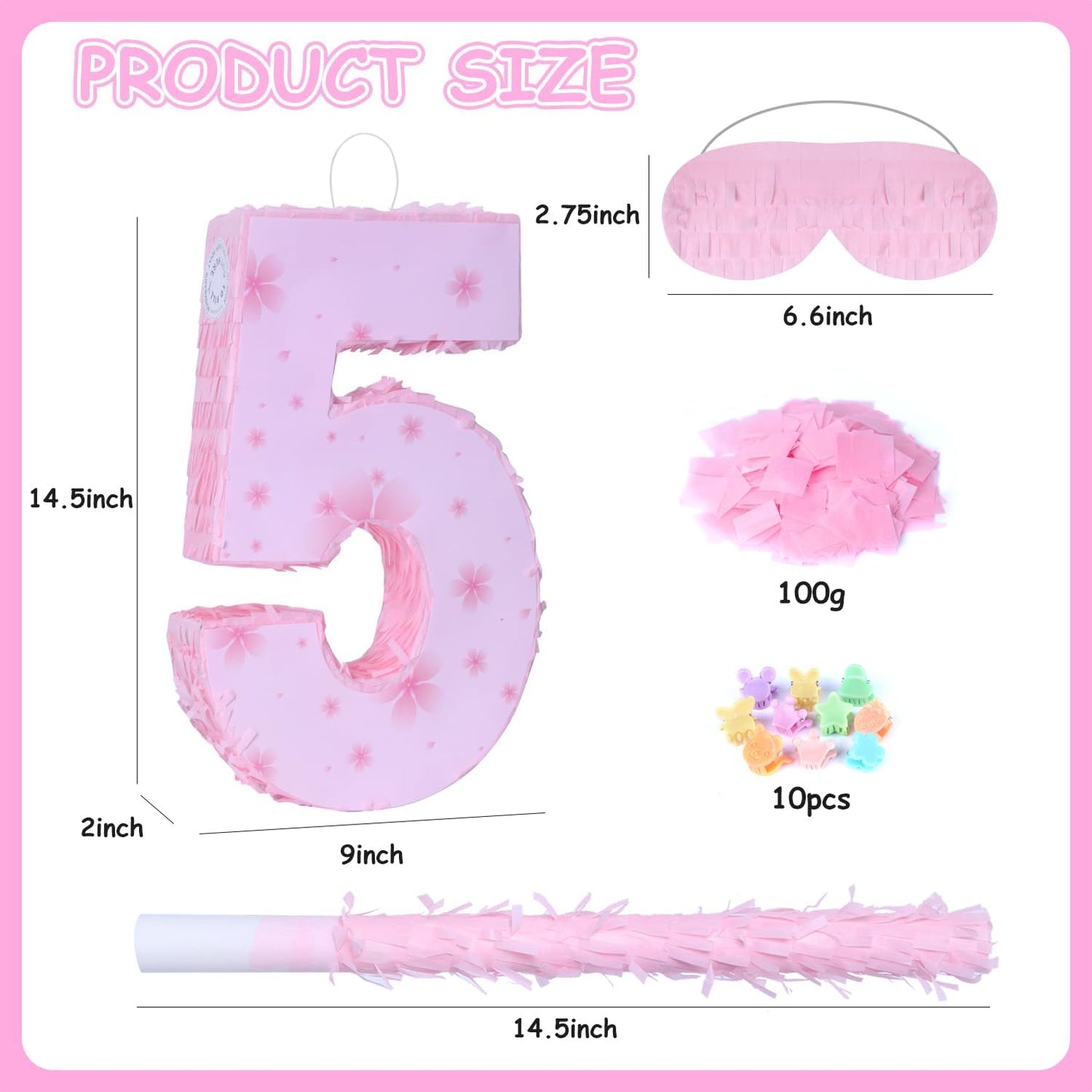 Pink Number 4 Piñata with Pinata Stick & Blindfold for Kids Girls Boys 4th Birthday Party Decorations Carnival Games with Hair Claw Clip Gift (Number 4)