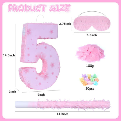 Pink Number 4 Piñata with Pinata Stick & Blindfold for Kids Girls Boys 4th Birthday Party Decorations Carnival Games with Hair Claw Clip Gift (Number 4)