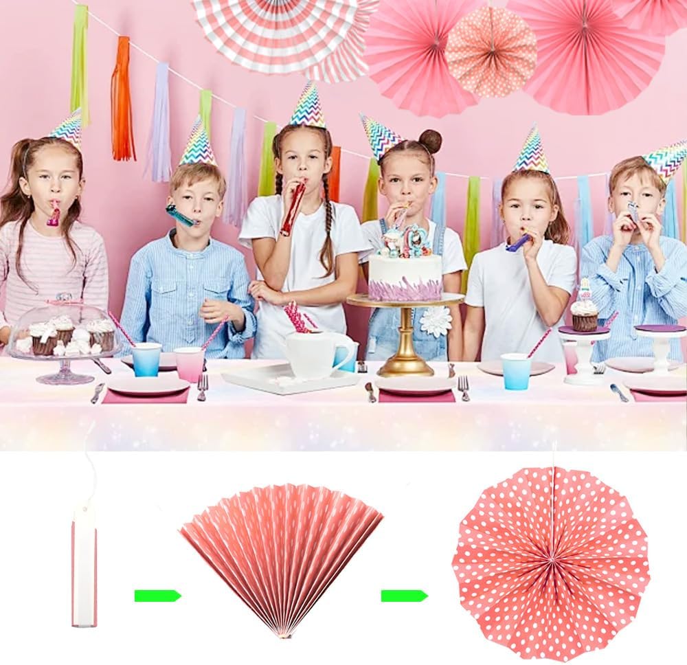 Hocansen 6PCS Paper Fan Garland Paper Fans Party Decorations 8/12/16in Hanging Papers Fans Set Round Papers Fans Pattern Garland for Birthday, Wedding (ZS/Pink)