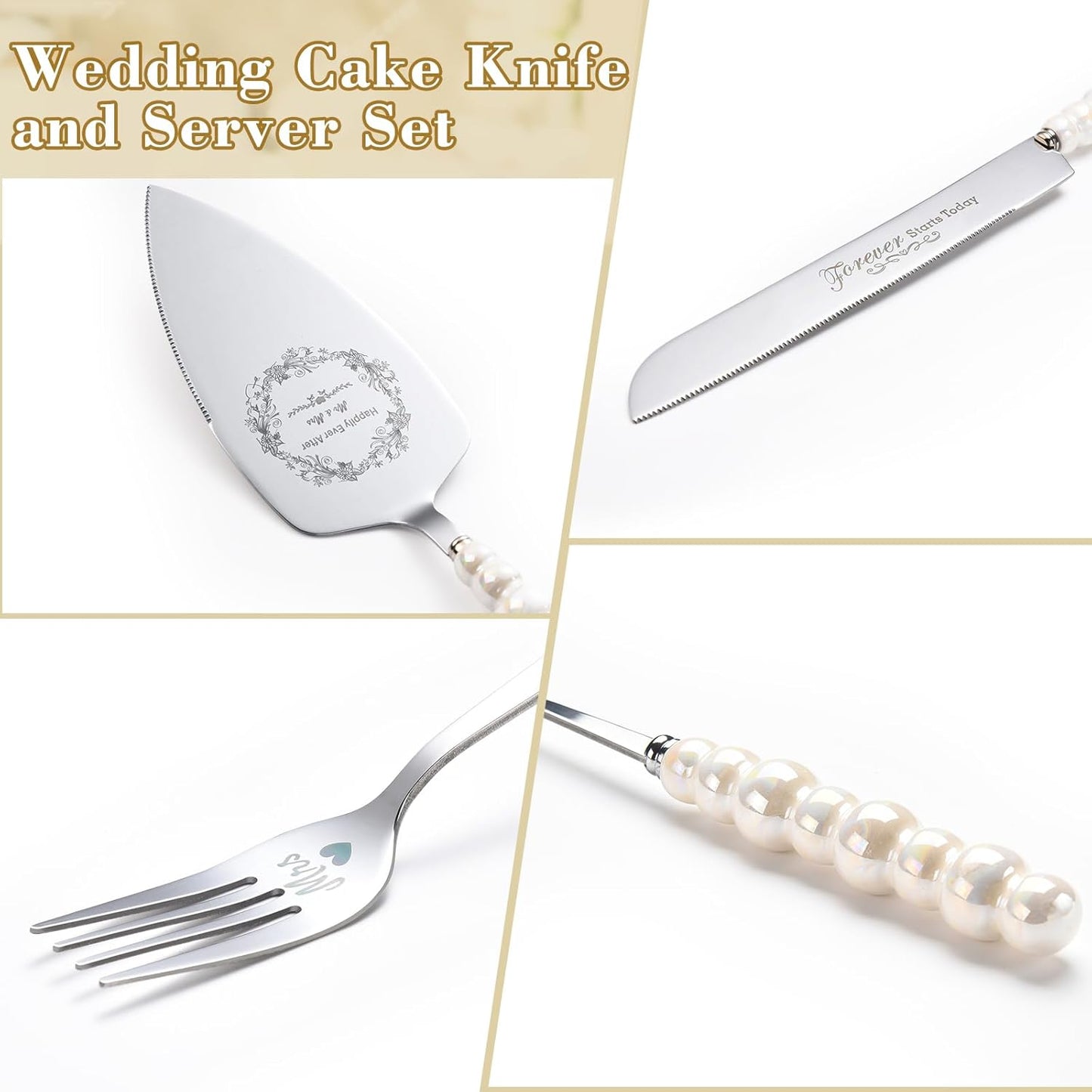 Wedding Cake Knife and Server Set, Gold Ceramic Pearl Handle Cake Cutting Set for Weddings, Engagements, Anniversaries, and Engagement Gifts for Couples