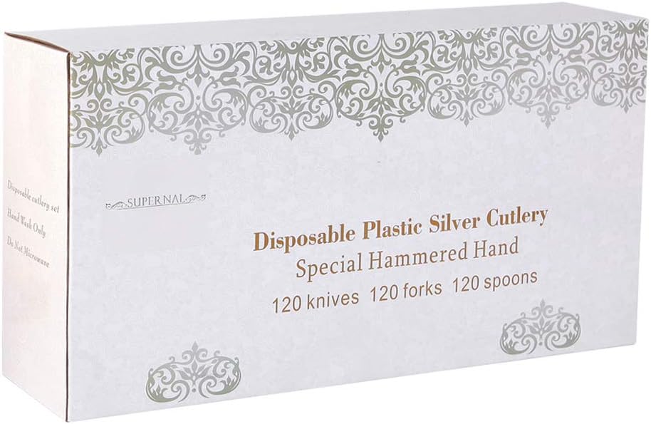 Supernal 360pcs Silver Plastic Cutlery,Elegant Plastic Silverware,Silver Hammed Silverware,Disposable Flatware,Include 120 Forks,120 Knvies,120 Spoons,Perfect for Birthday,Party,Wedding